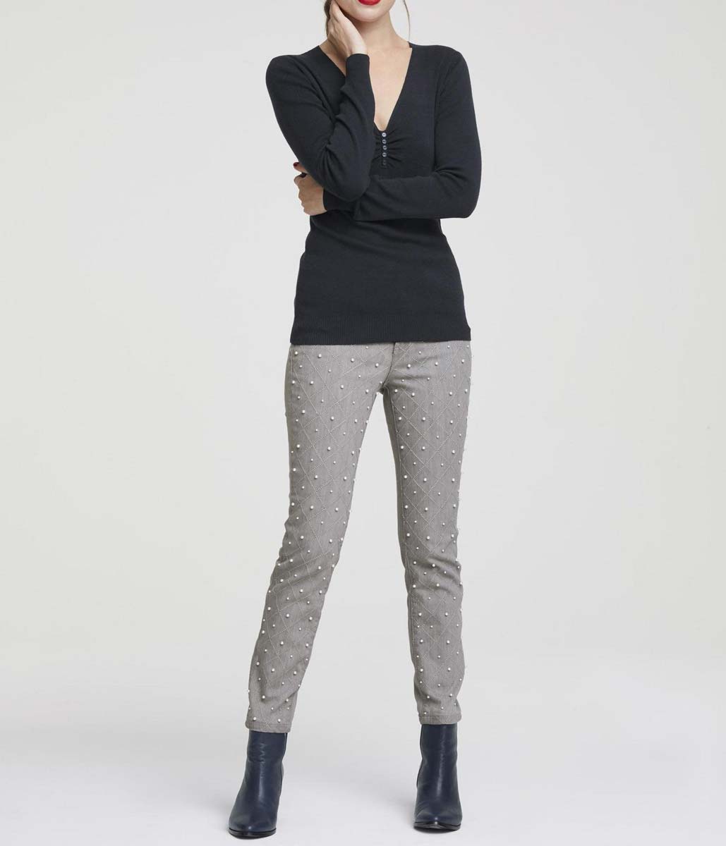 HEINE Damen Slim-Fit-Jeans mit Perlen, grau