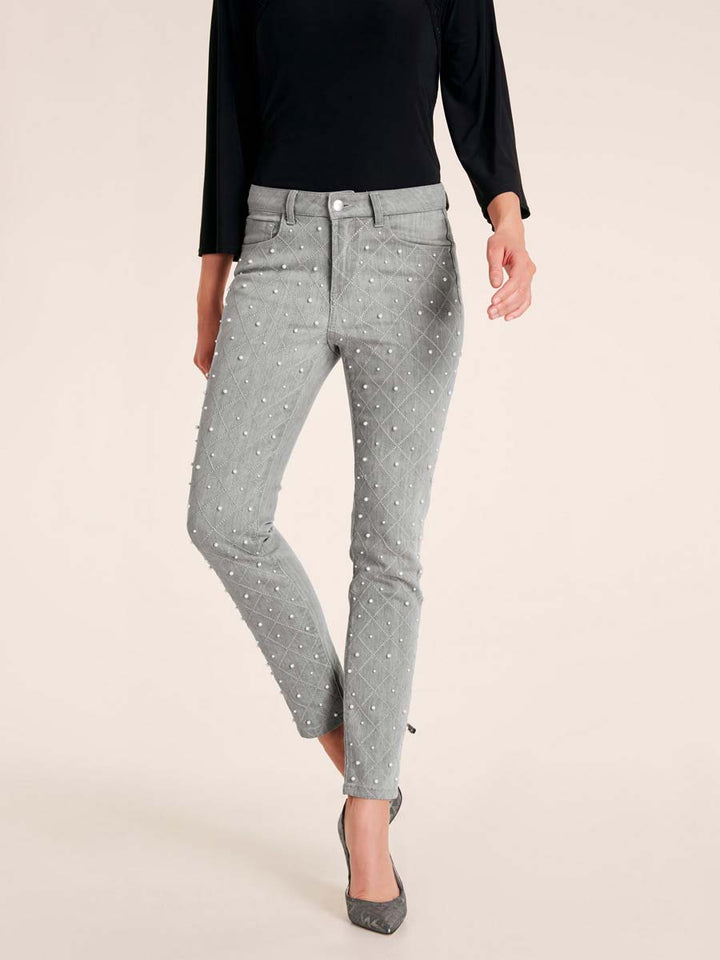 HEINE Damen Slim-Fit-Jeans mit Perlen, grau