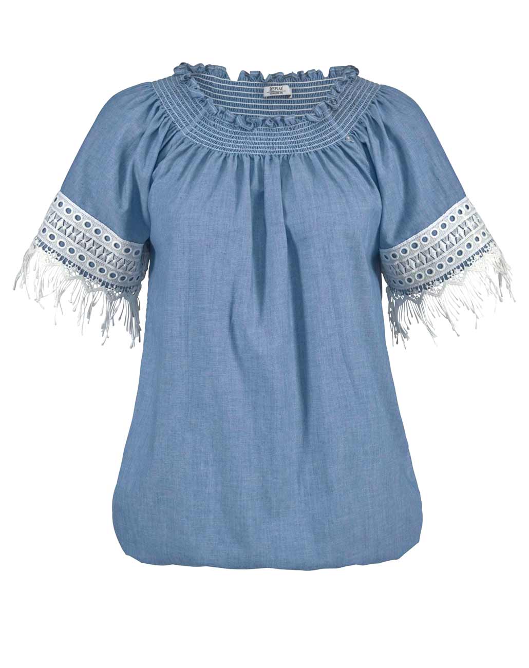 Replay Damen Marken-Carmenbluse, blau
