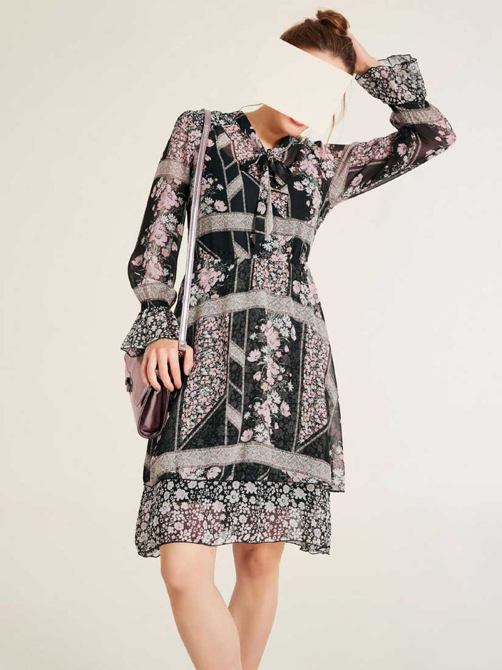 Heine Damen Chiffon-Druckkleid, schwarz-rosé