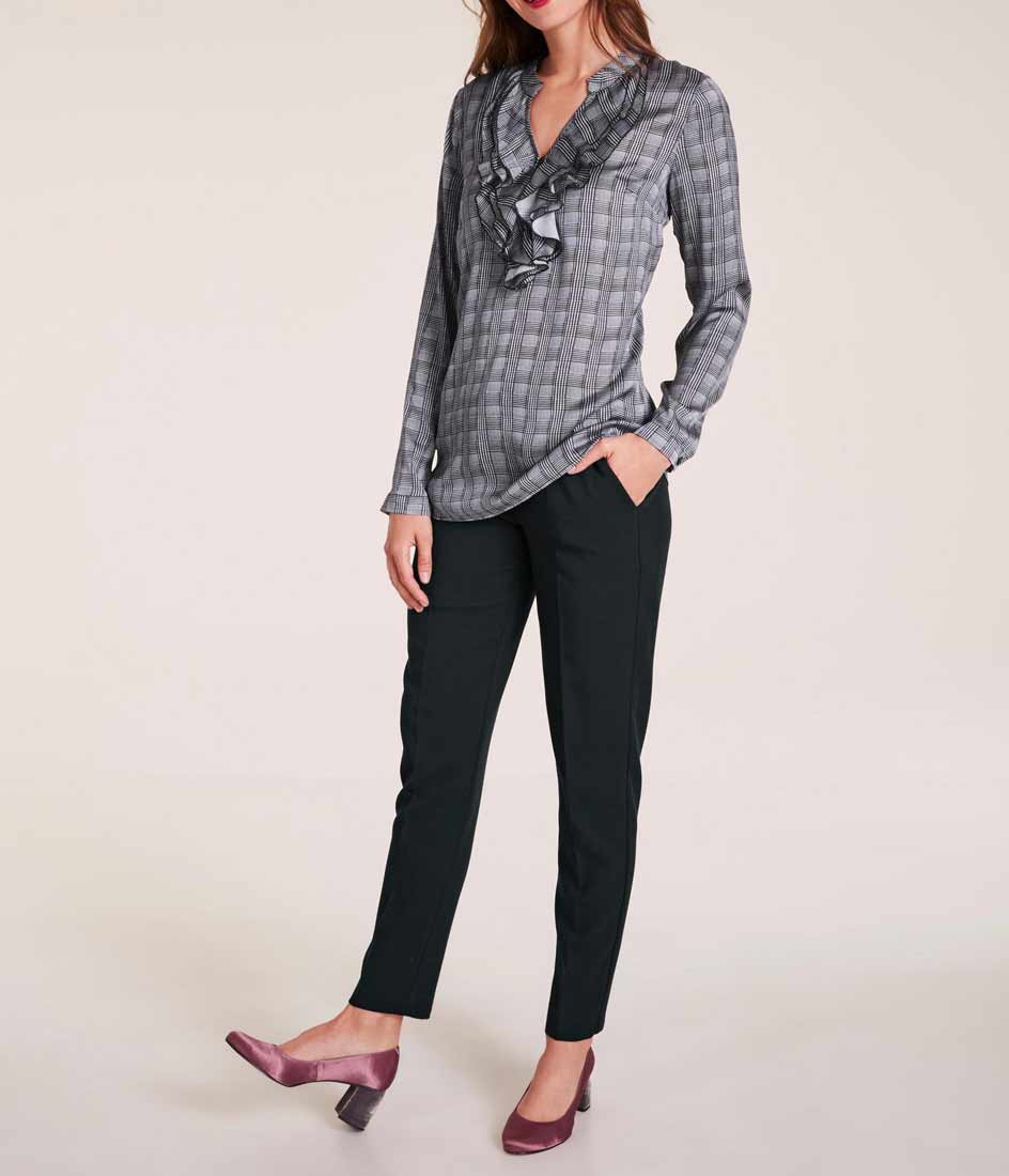 Heine Damen Druckbluse mit Volants, schwarz-weiß