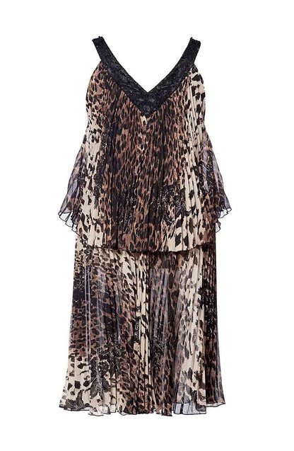 Apart Damen Chiffon-Plisseekleid mit Perlen, Leomuster