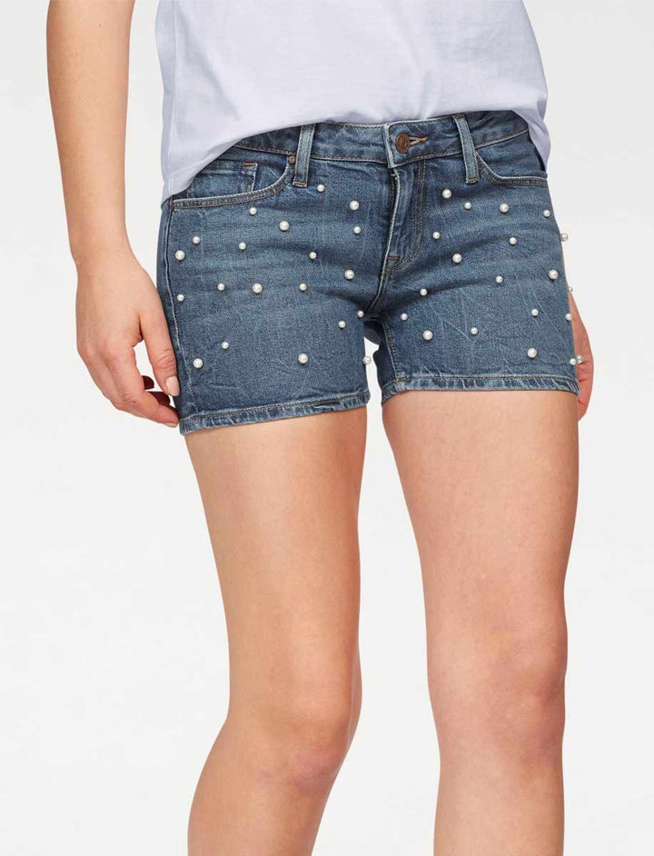 Cross Damen Marken-Jeansshorts mit Perlen, blau