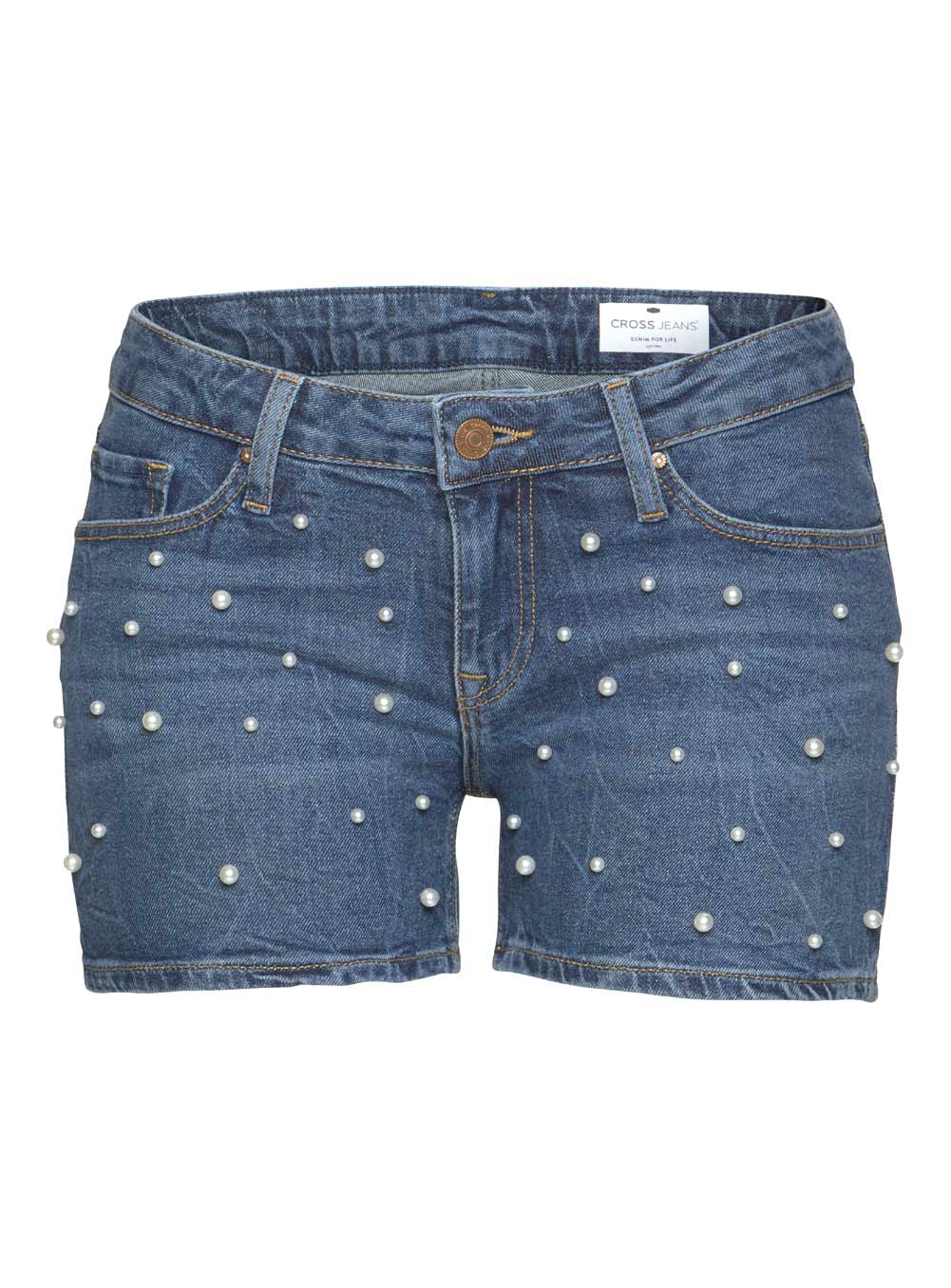 Cross Damen Marken-Jeansshorts mit Perlen, blau