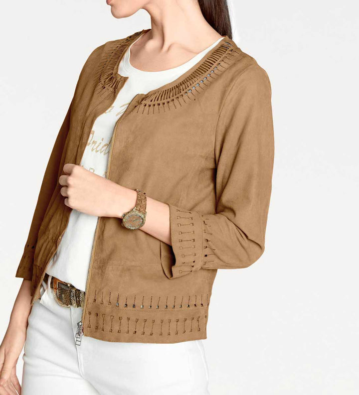 Heine Damen Ziegenvelourslederjacke mit Cut-Outs, cognac