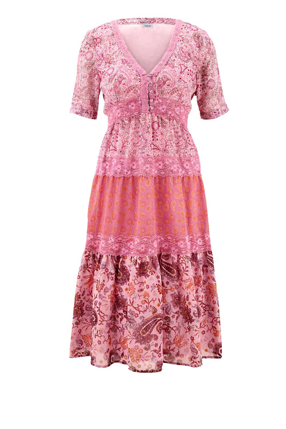 HEINE Damen Druckkleid mit Spitze, pink-bunt