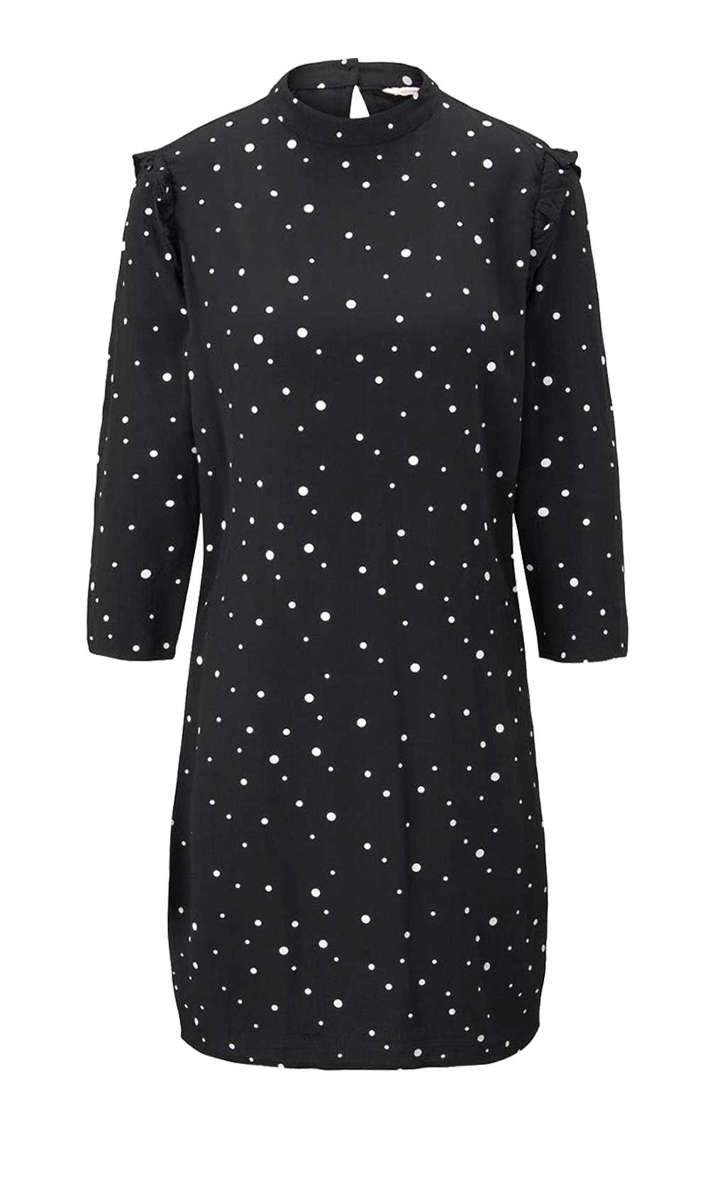 TOM TAILOR DENIM Damen Marken-Kleid mit Rüschen, schwarz-weiß
