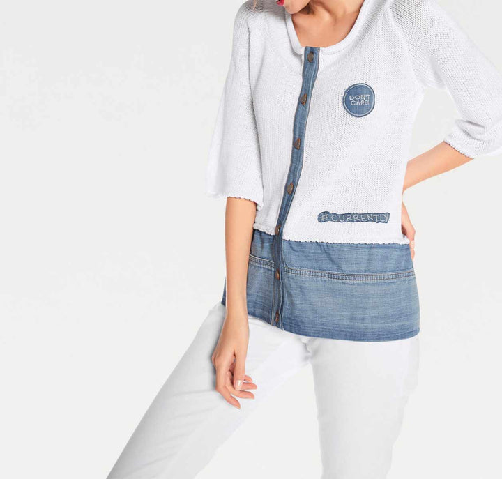 Heine - Best Connections Damen Strickjacke mit Denim, weiß-blau