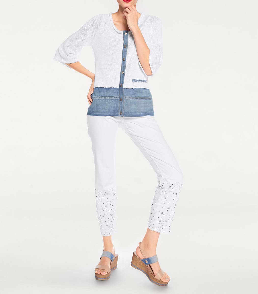Heine - Best Connections Damen Strickjacke mit Denim, weiß-blau