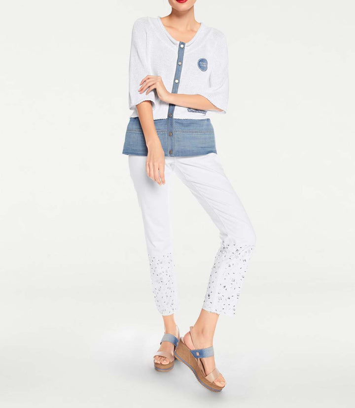 Heine - Best Connections Damen Strickjacke mit Denim, weiß-blau