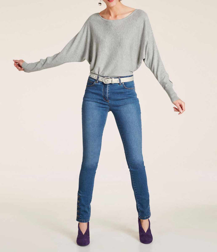 Heine Damen Feinstrickpullover mit Perlen, grau-melange