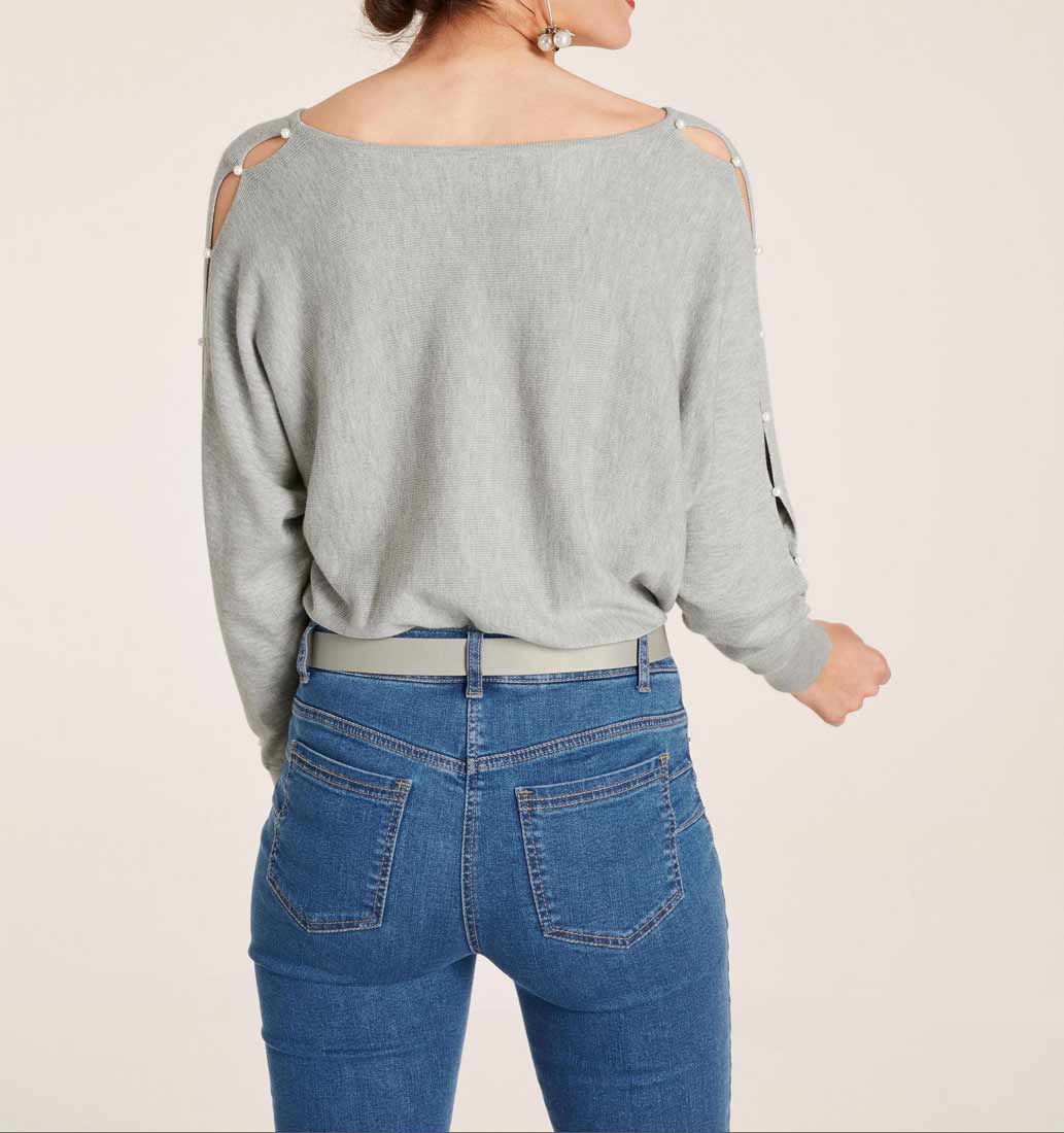 Heine Damen Feinstrickpullover mit Perlen, grau-melange