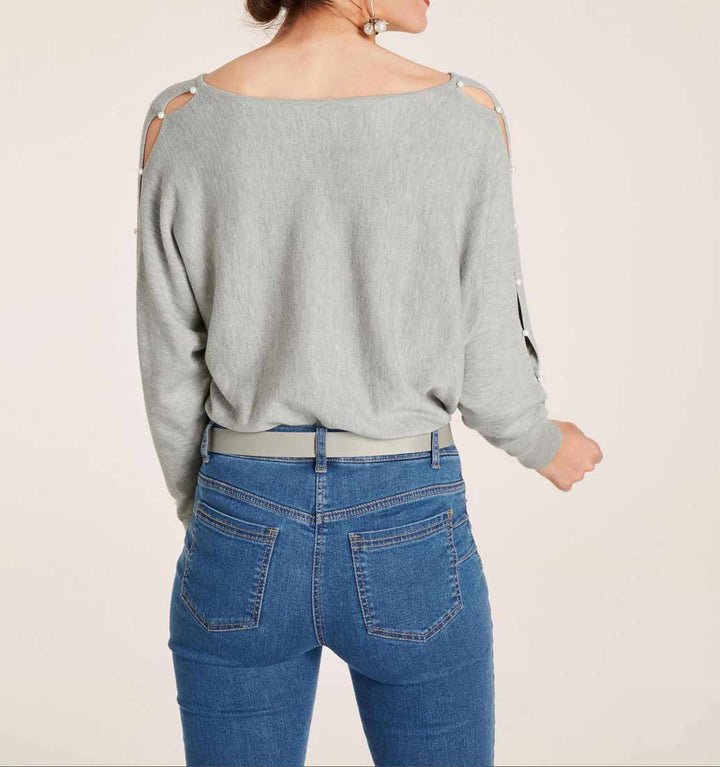 Heine Damen Feinstrickpullover mit Perlen, grau-melange
