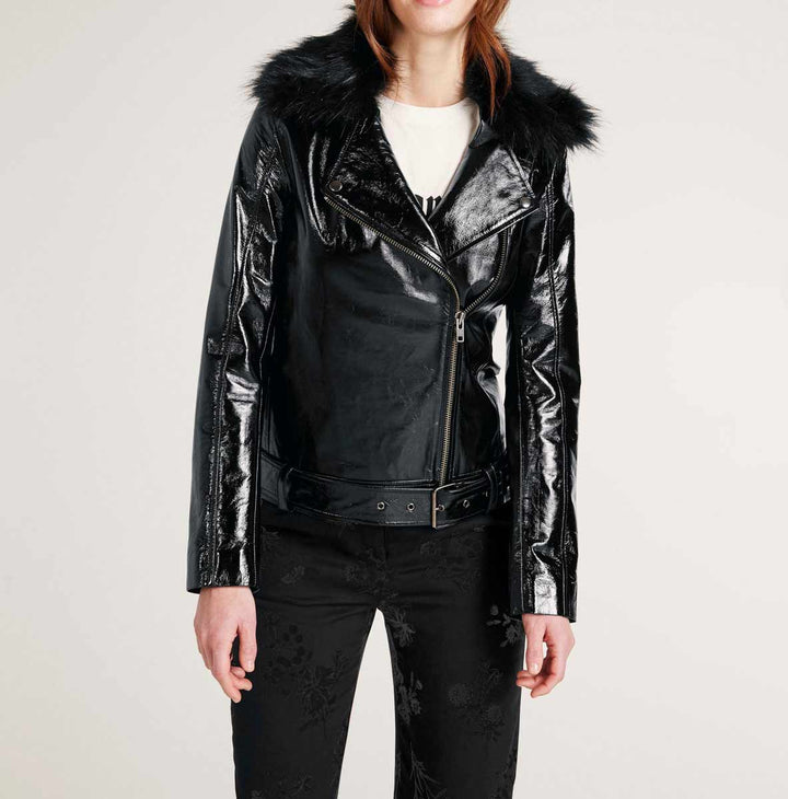 Heine Damen Lammnappalederjacke, 2 Webpelzkragen, schwarz