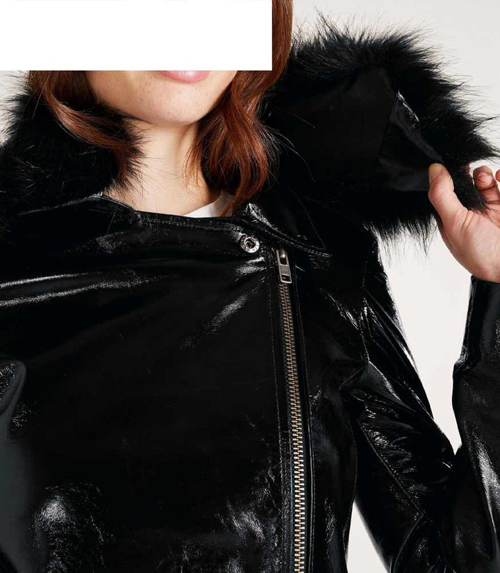Heine Damen Lammnappalederjacke, 2 Webpelzkragen, schwarz