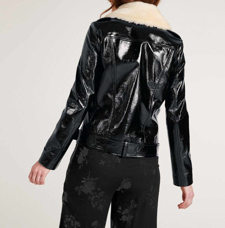 Heine Damen Lammnappalederjacke, 2 Webpelzkragen, schwarz