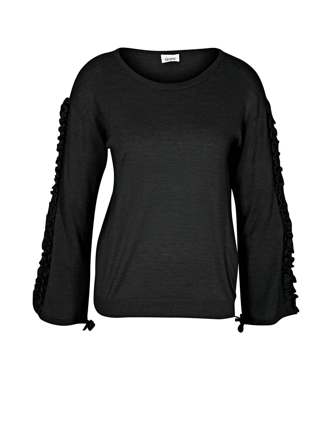 LINEA TESINI Damen Designer-Pullover mit Rüschen, schwarz