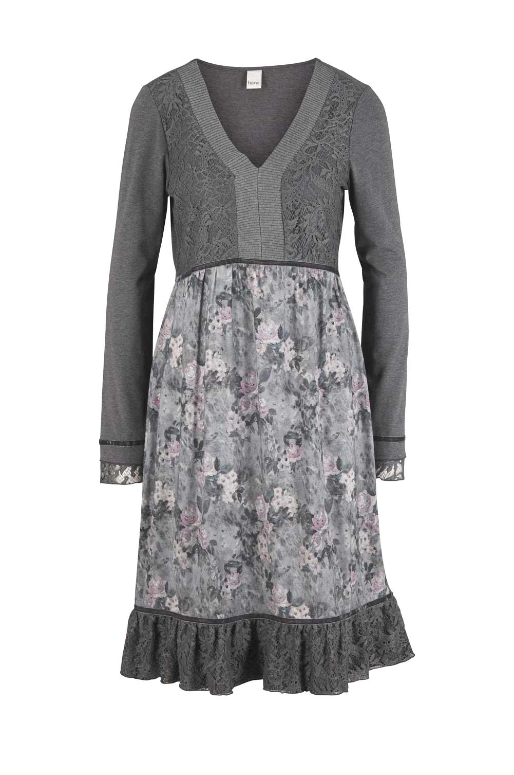 LINEA TESINI Damen Designer-Jerseykleid mit Spitze, grau