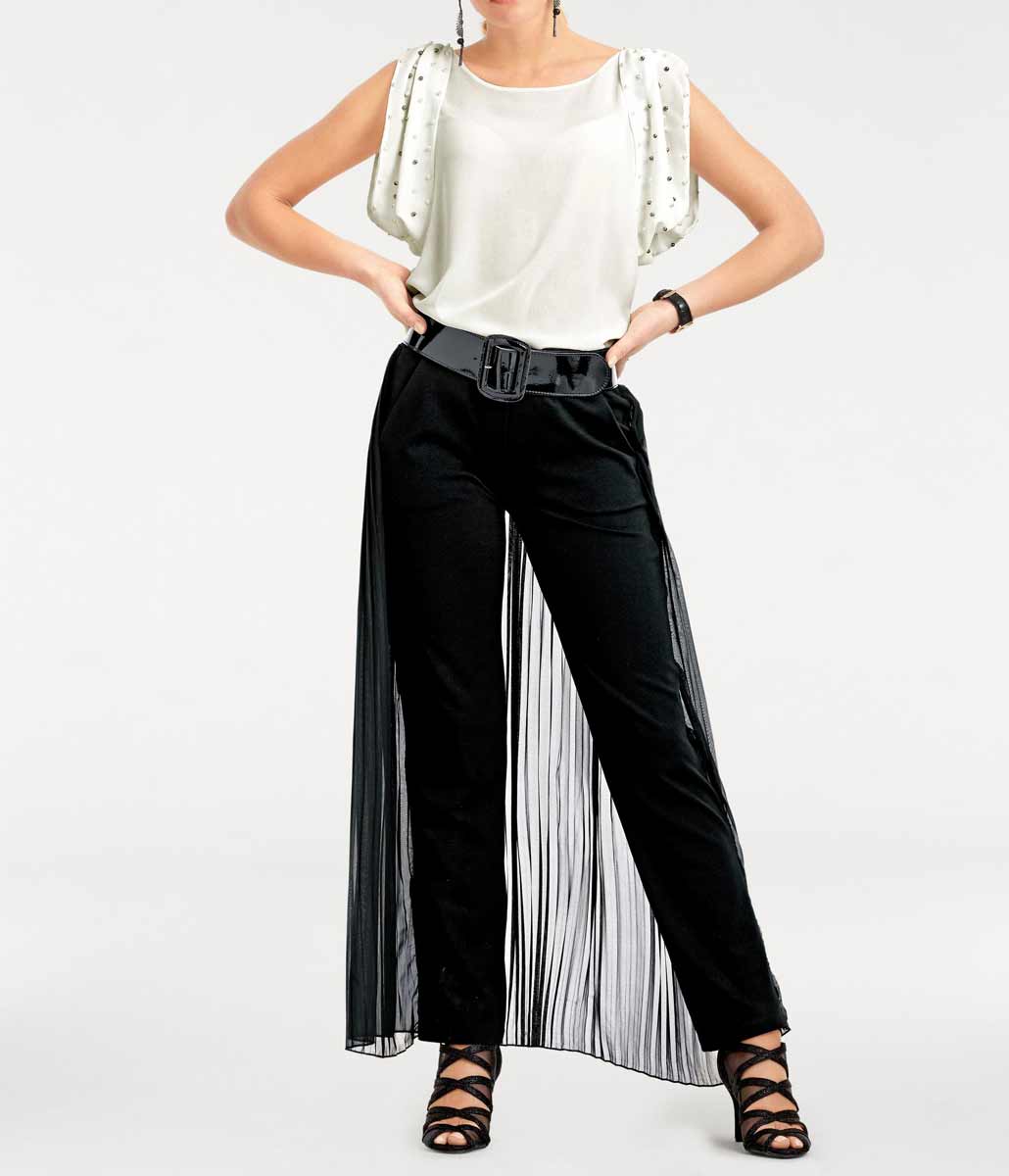 Ashley Brooke Damen Designer-Hose mit Chiffonüberwurf, schwarz