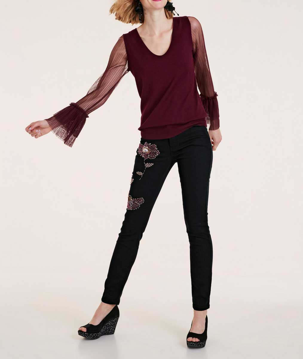 Ashley Brooke Damen Designer-Pullover mit Plisseeärmeln, bordeaux