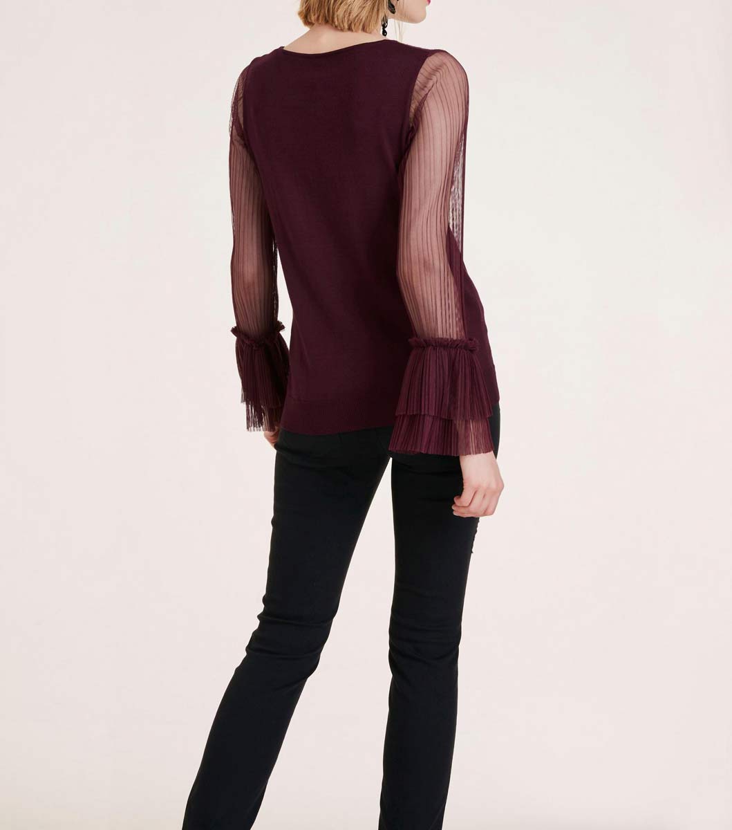 Ashley Brooke Damen Designer-Pullover mit Plisseeärmeln, bordeaux