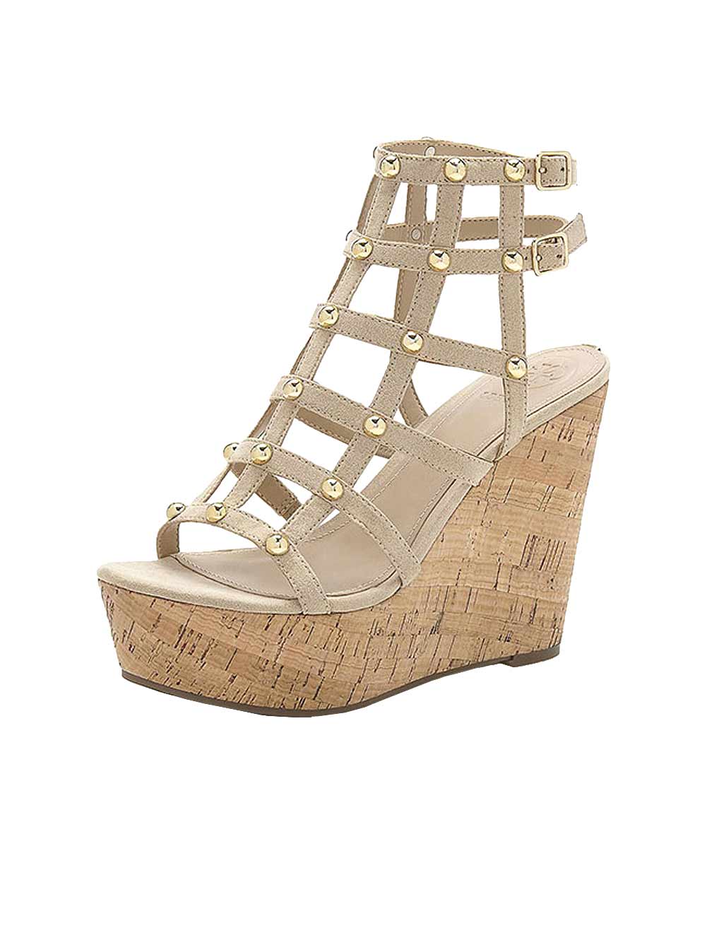 Guess Damen Marken-Keilsandalette mit Nieten, beige