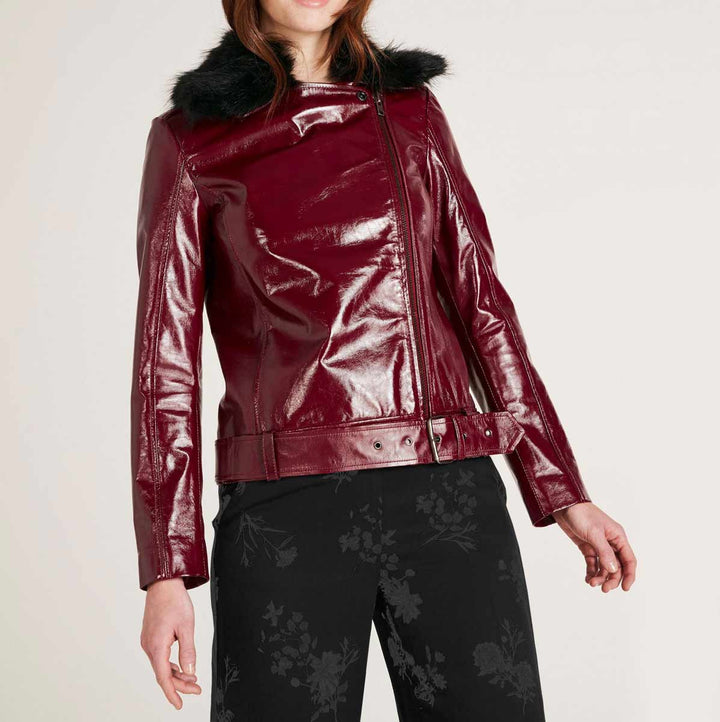 Heine Damen Lammnappalederjacke, 2 Webpelzkragen, bordeaux