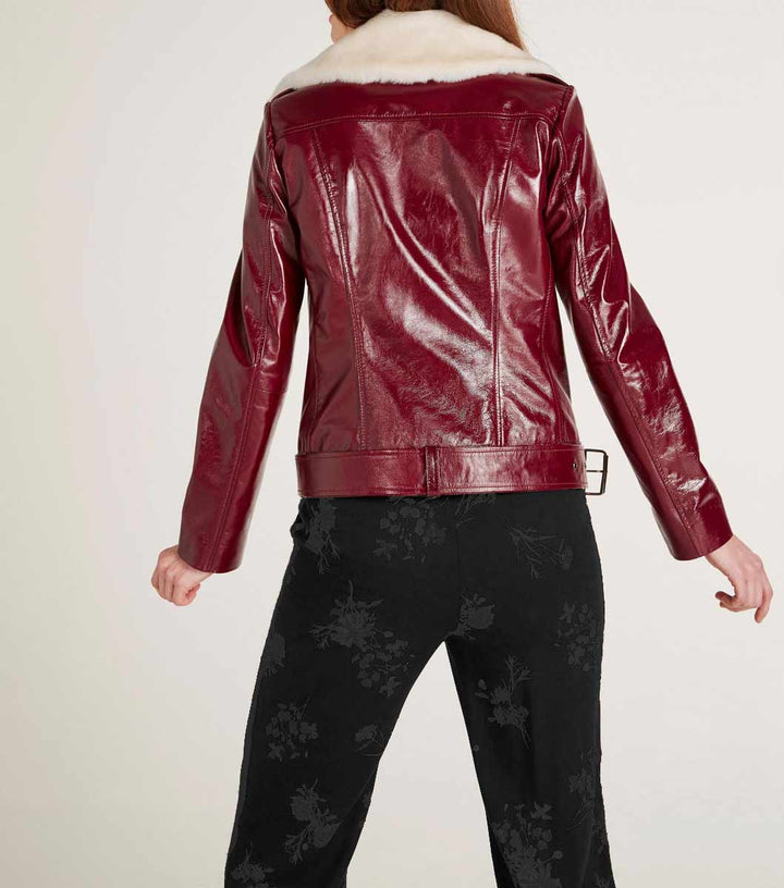 Heine Damen Lammnappalederjacke, 2 Webpelzkragen, bordeaux
