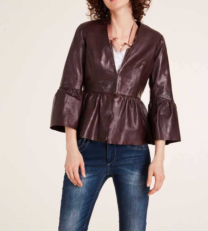 Heine Damen Lammnappalederjacke mit Volants, bordeaux