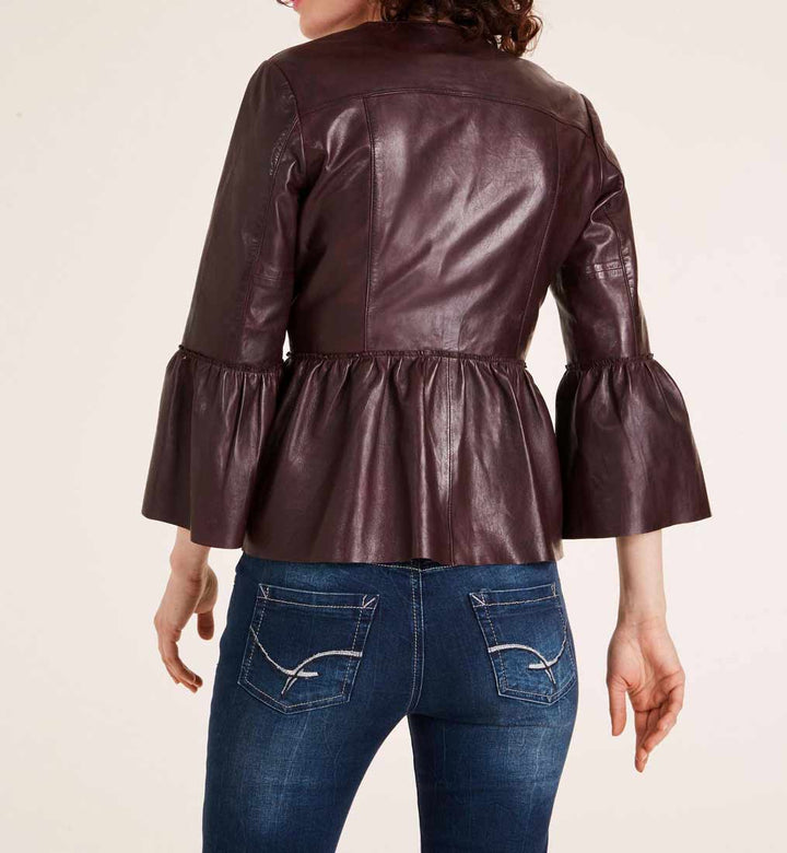 Heine Damen Lammnappalederjacke mit Volants, bordeaux