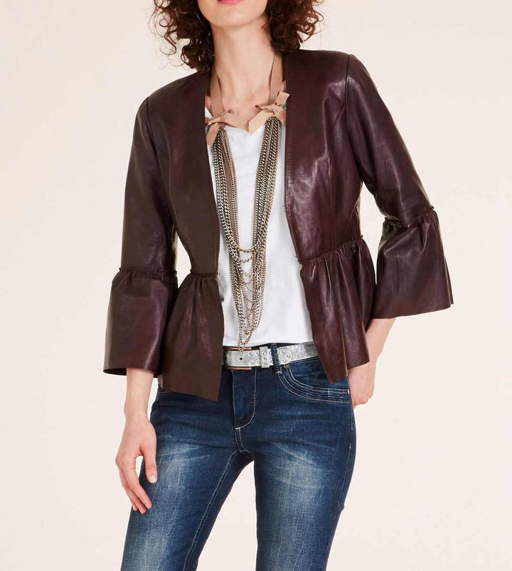 Heine Damen Lammnappalederjacke mit Volants, bordeaux