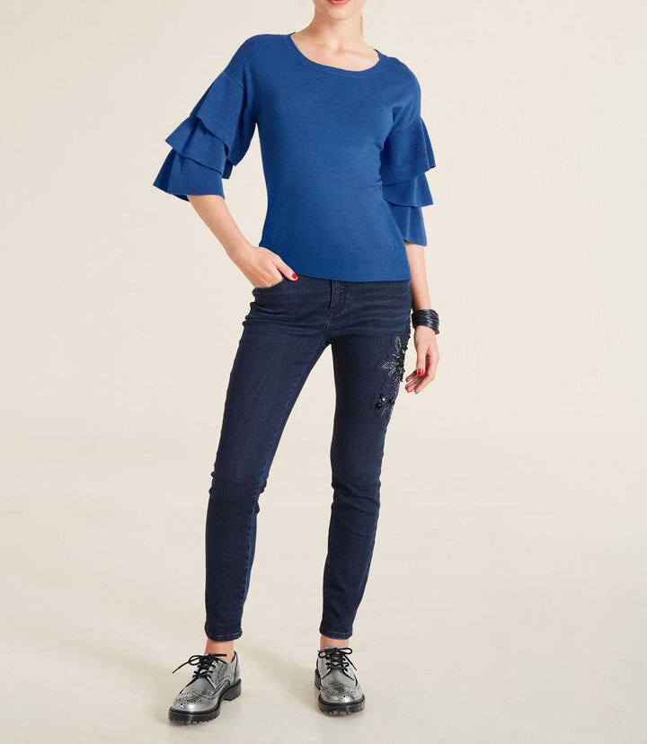 Rick Cardona Damen Designer-Pullover mit Volants, azurblau