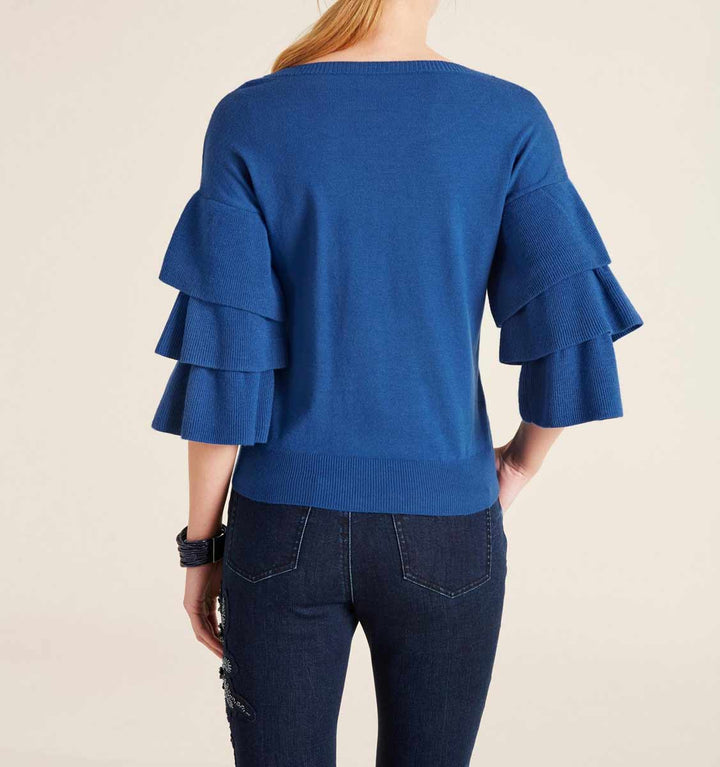 Rick Cardona Damen Designer-Pullover mit Volants, azurblau