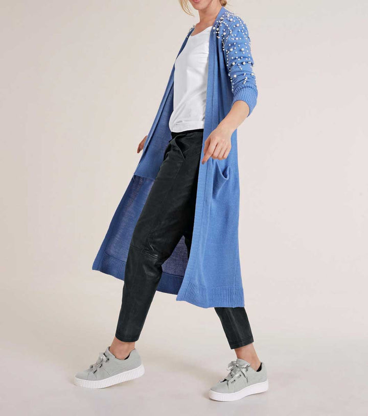 Heine Damen Longstrickjacke m.Perlen, blau