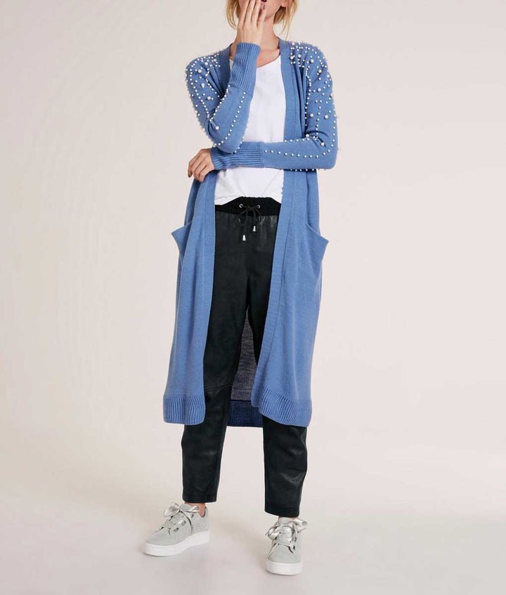 Heine Damen Longstrickjacke m.Perlen, blau