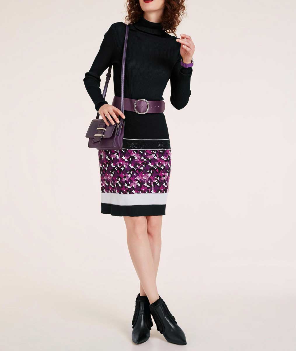 Heine Damen Feinstrickrock mit Strass, schwarz-lila-bunt