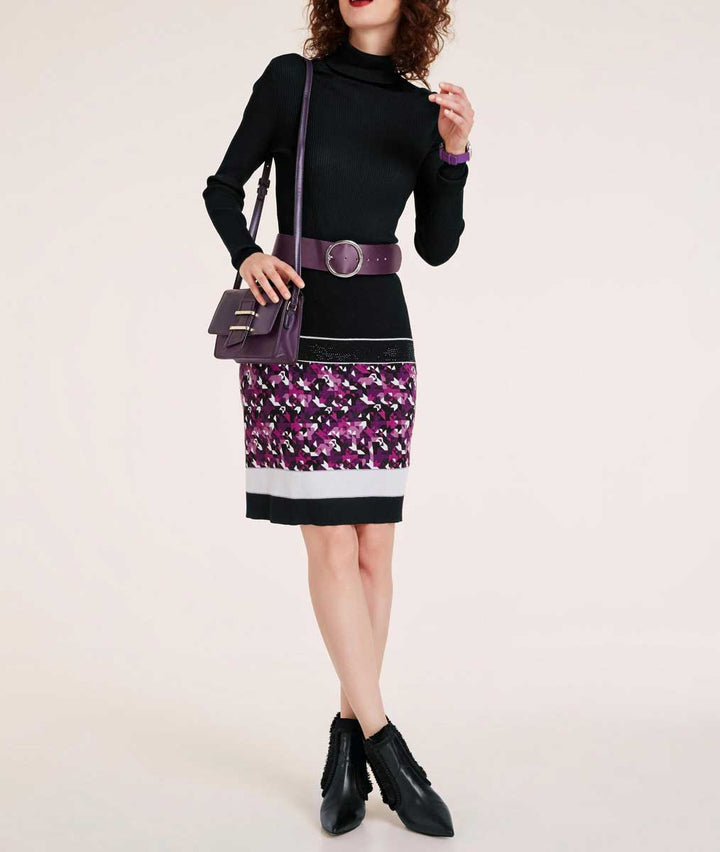 Heine Damen Feinstrickrock mit Strass, schwarz-lila-bunt