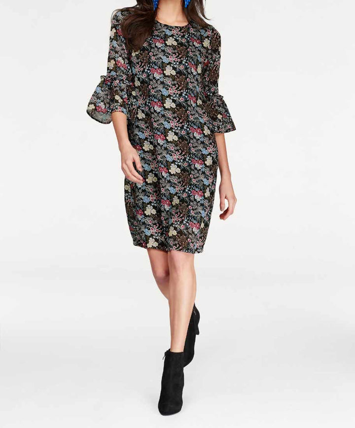 Aniston Damen Druckkleid mit Schnürung, schwarz-bunt