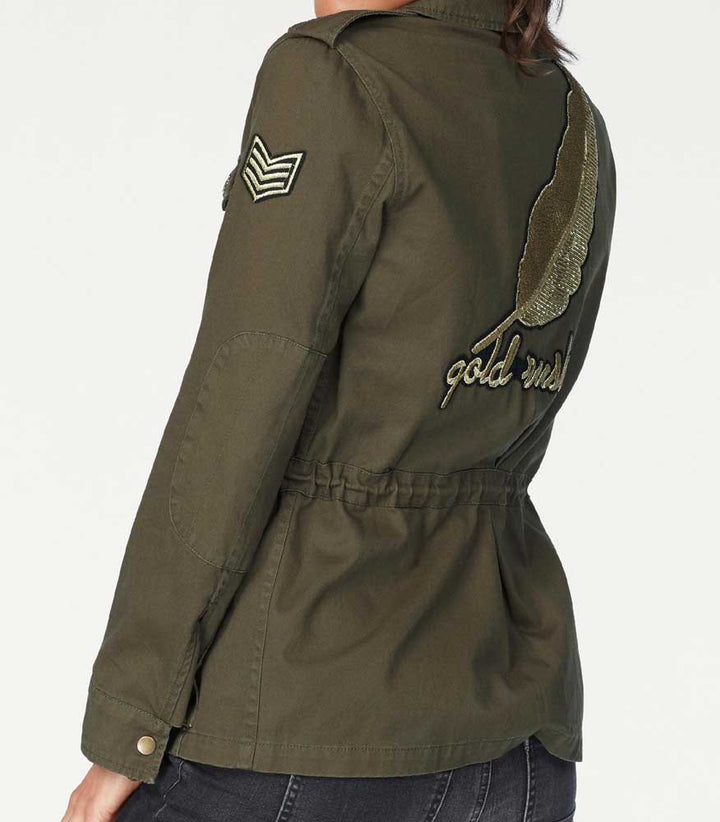 Blue Monkey Damen Marken-Jacke mit Badges und Pins, khaki