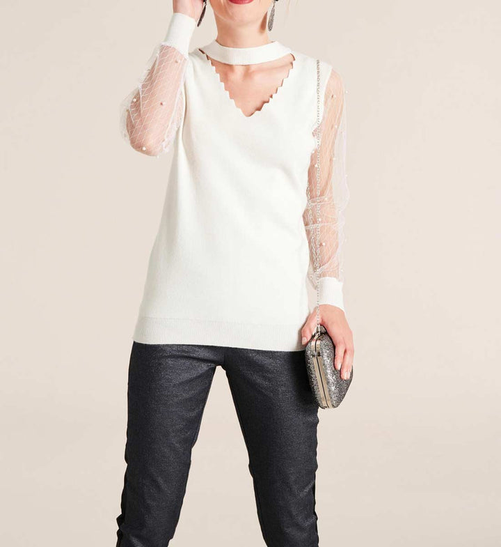 Heine Damen Feinstrickpullover mit Perlen, ecru