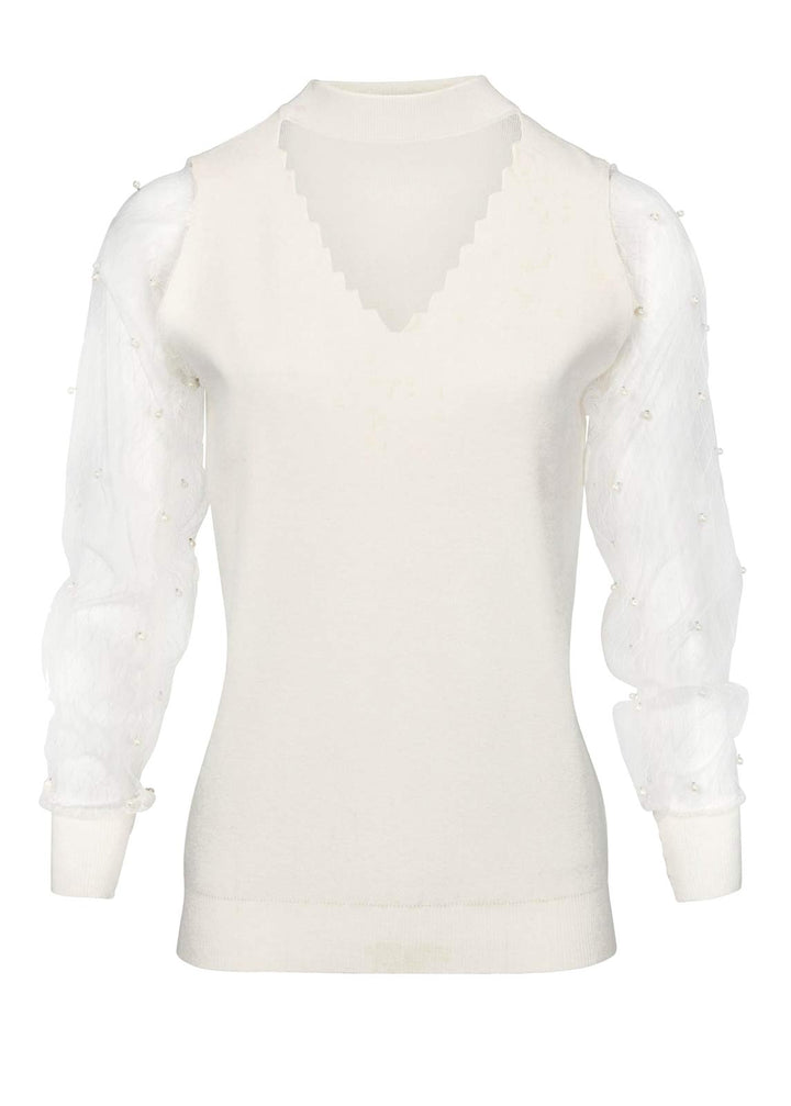 Heine Damen Feinstrickpullover mit Perlen, ecru