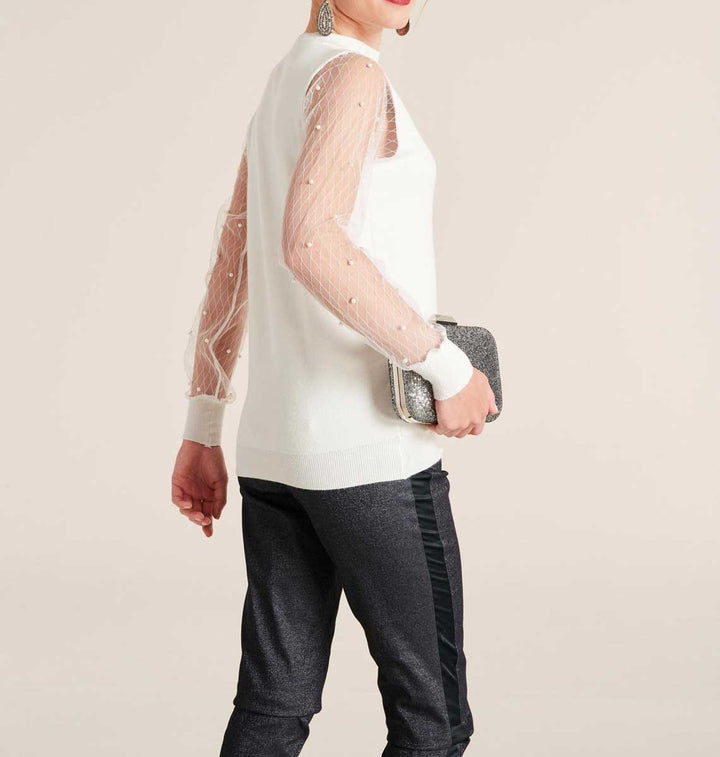 Heine Damen Feinstrickpullover mit Perlen, ecru