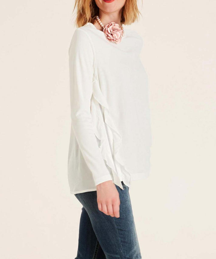 Heine Damen Rüschen-Shirt mit Reißverschluss, weiß