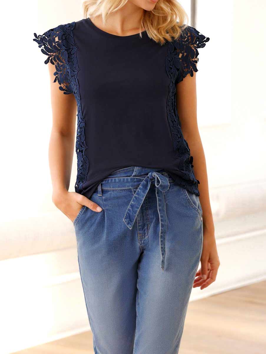 LINEA TESINI Damen Designer-Jerseyshirt m. Spitze, marine