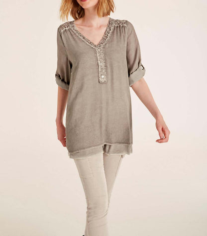 Heine Damen Bluse mit Spitze, taupe