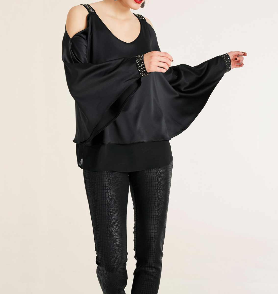Ashley Brooke Damen Designer-Satinbluse mit Cut-Outs, schwarz