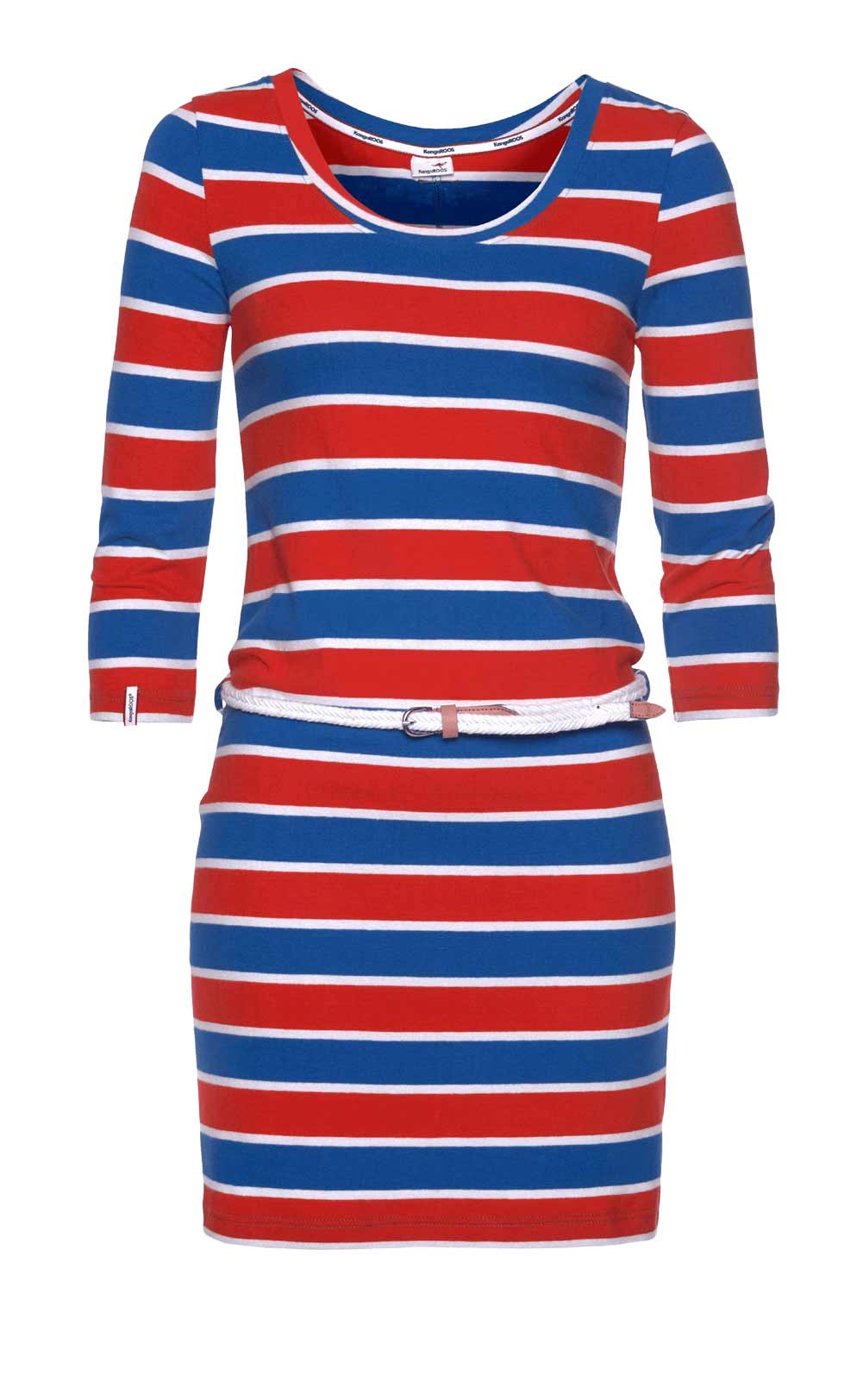 KANGAROOS Damen Marken-Jerseykleid mit Gürtel, blau-rot