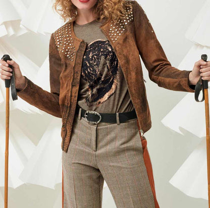 Heine Damen Lammnubuklederjacke mit Nieten, braun