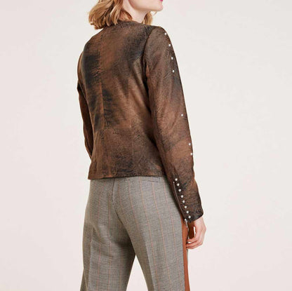 Heine Damen Lammnubuklederjacke mit Nieten, braun