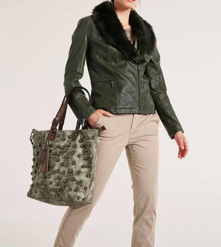 Heine Damen Lederimitatjacke mit Webpelzkragen, oliv